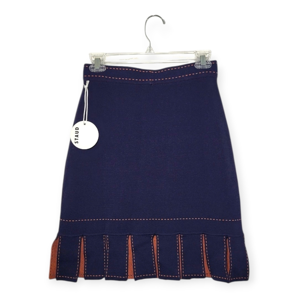 STAUD Fawn Skirt In Navy Tan Knit Mini Skirt With Cutout Pleat Hem Small